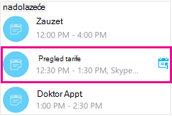 Zaslon s nadolazećim sastancima i jednim istaknutim sastankom