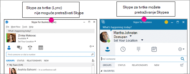 Usporedba stranice s kontaktima Skypea za tvrtke i stranice s kontaktima Skypea za tvrtke (Lync)
