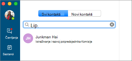 Snimka zaslona s karticom Kontakti s unesenim tekstom za pretraživanje i prikazanim rezultatom pretraživanja.