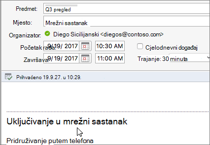 Snimka zaslona dijaloškog okvira sastanka u kojem je prikazana veza Uključite se u mrežni sastanak.