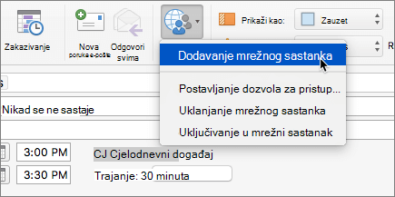 Snimka zaslona na kojoj se prikazuje zahtjev za sastanak na kojem je na vrpci odabrana mogućnost Dodaj mrežni sastanak.