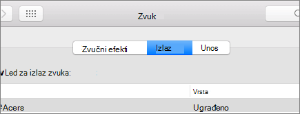Snimka zaslona preferencija zvuka za macOS s odabranim oknom Izlaz.