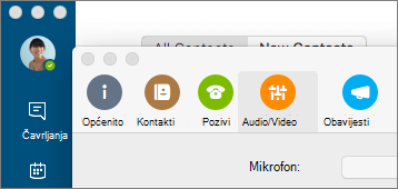 Snimka zaslona s postavkama Skype za tvrtke s odabranim oknom Audio/Video.