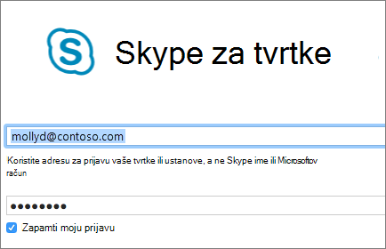Snimka zaslona na kojoj se prikazuje zaslon za prijavu u Skype za tvrtke.