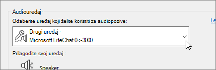 Snimka zaslona koja prikazuje padajući izbornik audiouređaja u dijaloškom okviru Postavke audiouređaja.
