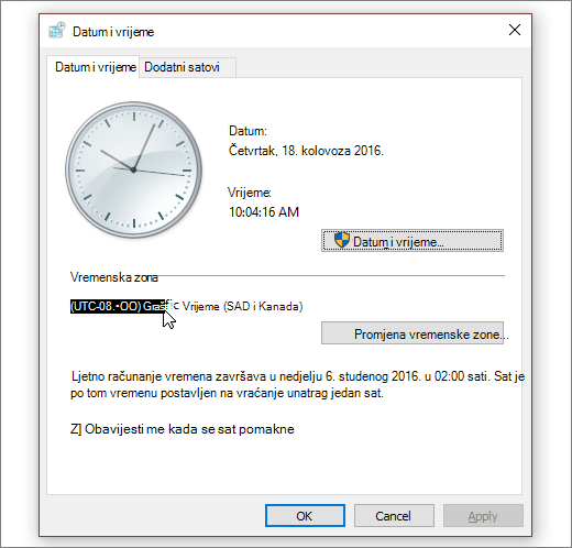 Snimka zaslona koja prikazuje izbornik Datum i vrijeme u sustavu Windows 10.
