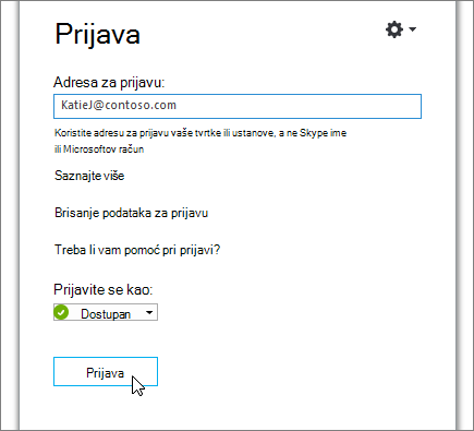 Snimka zaslona koja prikazuje gumb Prijava na zaslonu za prijavu programa Skype za tvrtke.