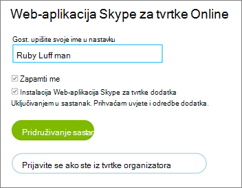 Prijavite se u Web-aplikacija Skype za tvrtke kao gost ili pomoću vjerodajnica tvrtke ili ustanove