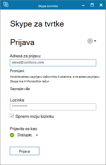 Snimka zaslona na kojoj se prikazuje zaslon za prijavu u Skype za tvrtke.