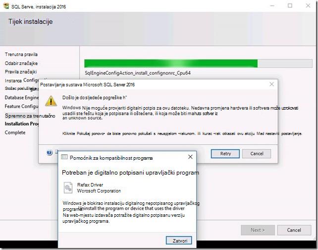 Instalacijski program za SQL Server 2016 prijavljuje pogrešku digitalnog potpisa i upozorenje o digitalno potpisanom upravljačkom programu