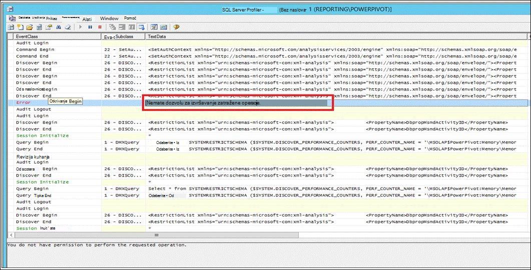 Opišite pogrešku iz praćenja SQL profila