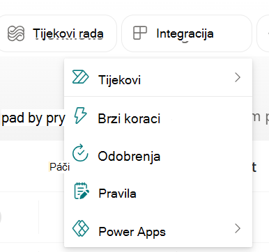 Snimka zaslona na kojoj se prikazuje padajući izbornik Integracija.