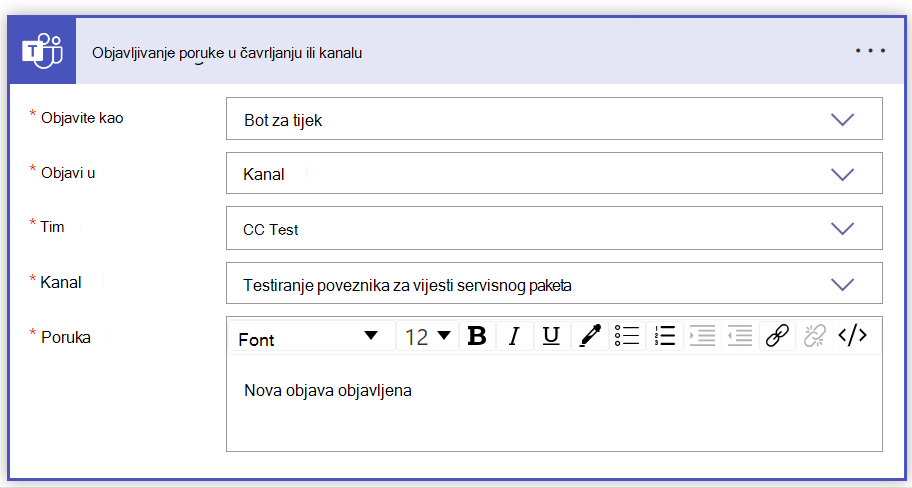 Snimka zaslona ispunjenog obrasca Objavi poruku u kanalu za čavrljanje