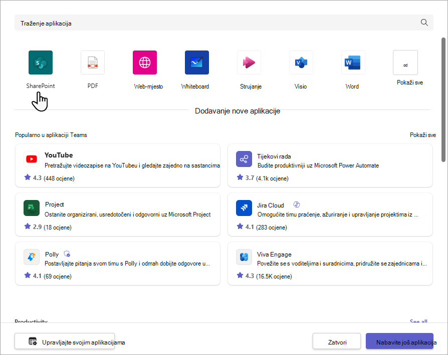 Dodavanje dijaloškog okvira kartice sustava SharePoint.
