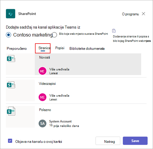 Dijaloški okvir Dodavanje sadržaja u kanal aplikacije Teams iz.
