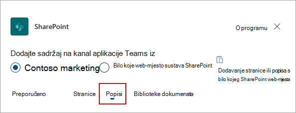 Odaberite Popisi kako biste dodali popise u kanal aplikacije Teams.