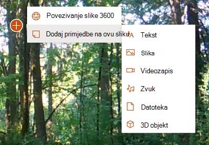 Izbornik s mogućnostima za primjedbe slika od 360°, uključujući vrste primjedbi za tekst, slike, videozapise, audiozapise, datoteke i 3D objekte