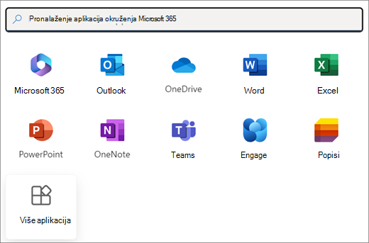 Odabir aplikacija okruženja Microsoft 365. Zadnja pločica je Više aplikacija.