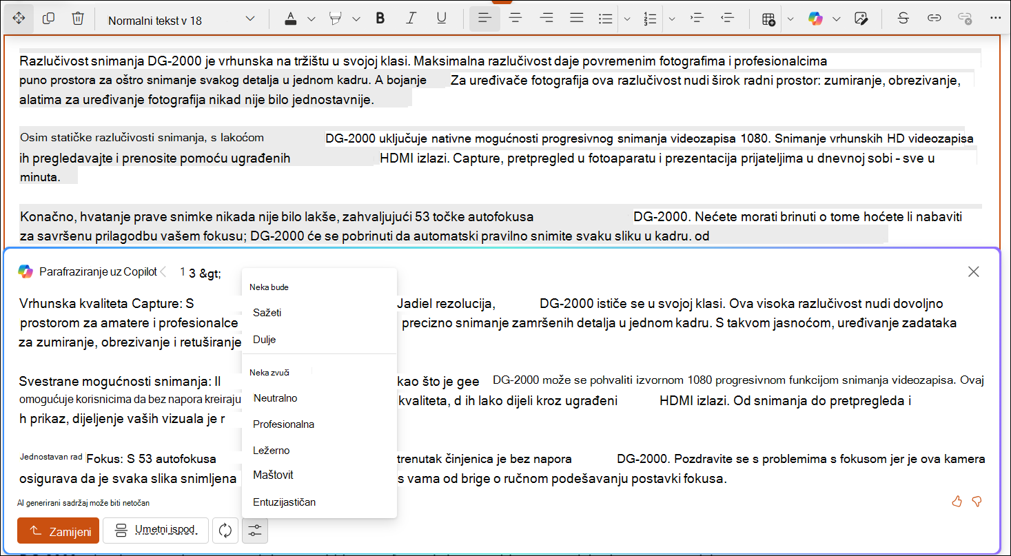snimka zaslona primjera automatskog parafraziranja