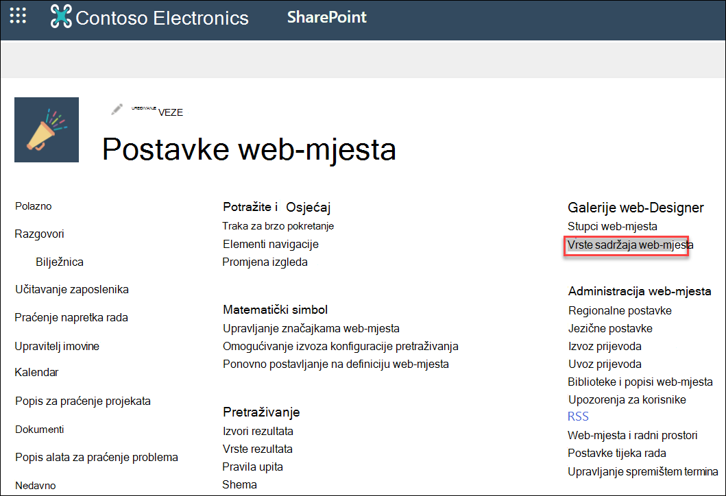 Mogućnost Vrste sadržaja web-mjesta u dijaloškom okviru Postavke web-mjesta.
