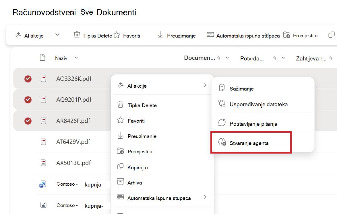 Snimka zaslona na kojoj se prikazuje gumb za stvaranje agenta iz kontekstnog izbornika za odabir datoteke ili mape