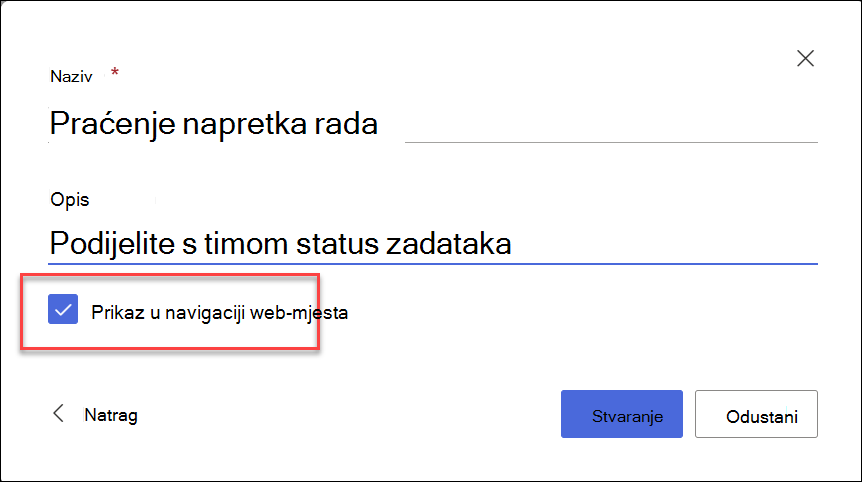 snimka zaslona na kojoj se prikazuje stvaranje popisa sa SharePoint web-mjesta