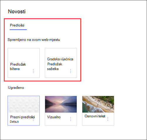 Slika alata za odabir predloška stranice na web-mjestu odjela