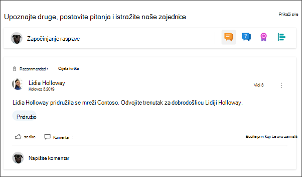 Slika web-dijela servisa Yammer na web-mjestu odjela