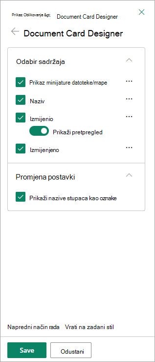 Prozor Designer za dokumente možete postaviti što želite prikazati na svakoj kartici.