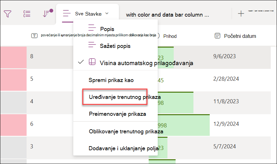 Snimka zaslona odabira uređivanja trenutnog prikaza
