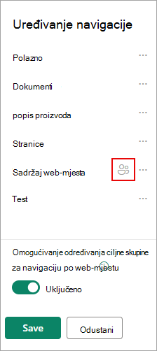 U odjeljku Uređivanje navigacije ikona potvrđuje ciljane veze.