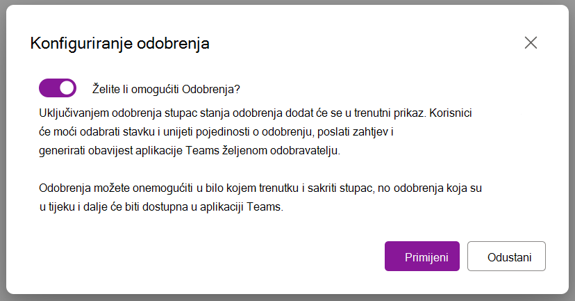 Mogućnost dijaloškog okvira za omogućivanje odobrenja
