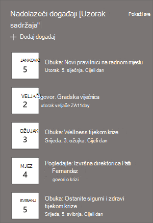 Web-dio događaja s popisom događaja i datumima.