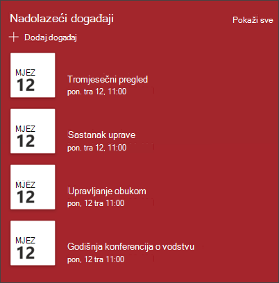 Snimka zaslona web-dijela za događaje