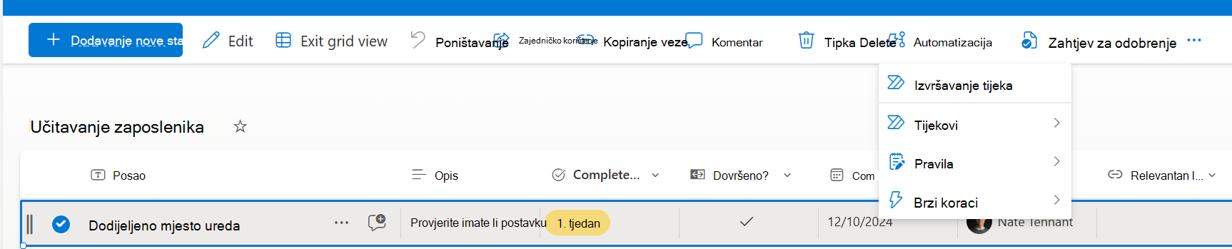 Odabrana stavka s mogućnošću pokretanja brzog koraka