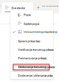 Snimka zaslona na kojoj se prikazuje odabir mogućnosti Oblikuj trenutni redak