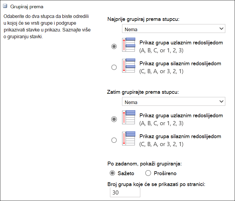 Snimka zaslona grupiranja po najviše 2 stupca.