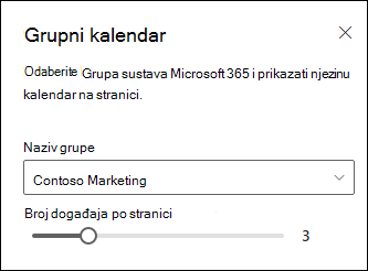 Odabir broja događaja koji će se prikazati iz odabranog kalendara grupe okruženja Microsoft 365.