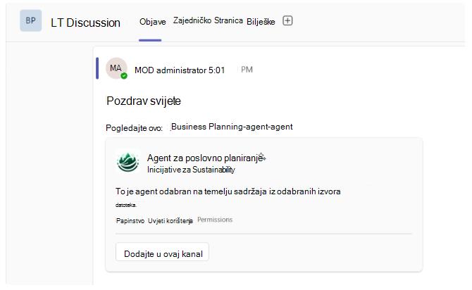 Snimka zaslona s prikazom veze na agenta sustava SharePoint kako se razvija u kanalima aplikacije Teams