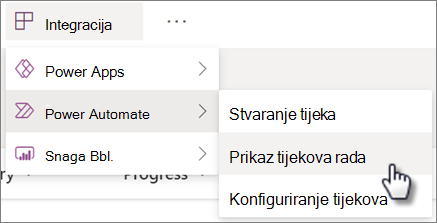 Pogledajte naredbu tijekova na izborniku Integrirati Power Automate za popis