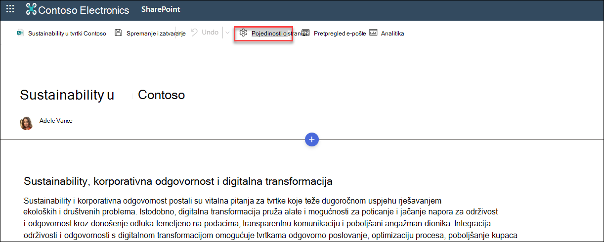 Mjesto gumba Pojedinosti o stranici