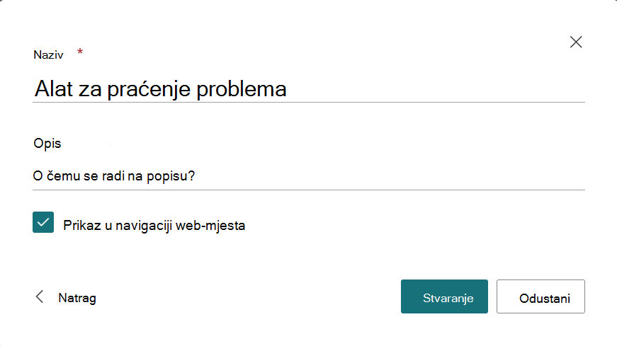 Dijaloški okvir za unos naziva i opisa novog popisa
