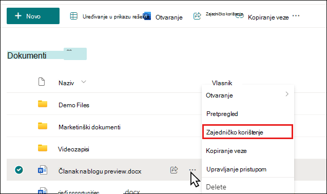 Omogućivanje zajedničkog korištenja dokumenta u biblioteci sustava SharePoint