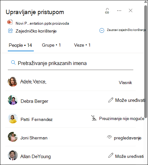 Plutajuća kartica sadrži popis osoba koje zajednički koriste dokument