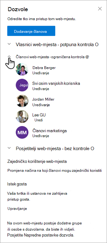 Dijaloški okvir Dozvole koji vam omogućuje upravljanje članovima i njihovim razinama dozvola.