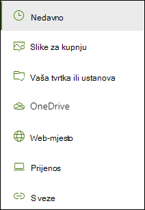 Popis mjesta dostupnih prilikom dodavanja veze.