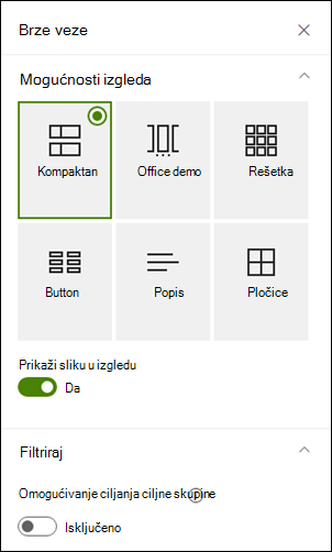 Okno sa svojstvima koje prikazuje dodatne mogućnosti za odabrani izgled.