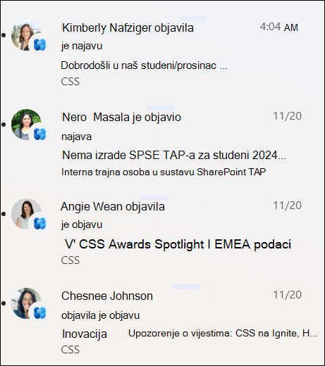 snimka zaslona s popisom obavijesti o novostima