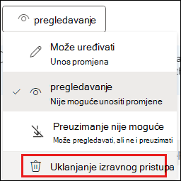 Snimka zaslona na kojoj se prikazuje zajedničko korištenje dozvola s istaknutom mogućnošću Ukloni izravni pristup.