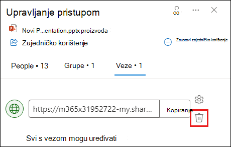 Snimka zaslona na kojoj se prikazuje dijaloški okvir Upravljanje pristupom s otvorenom karticom veze. Istaknut je gumb Ukloni vezu.